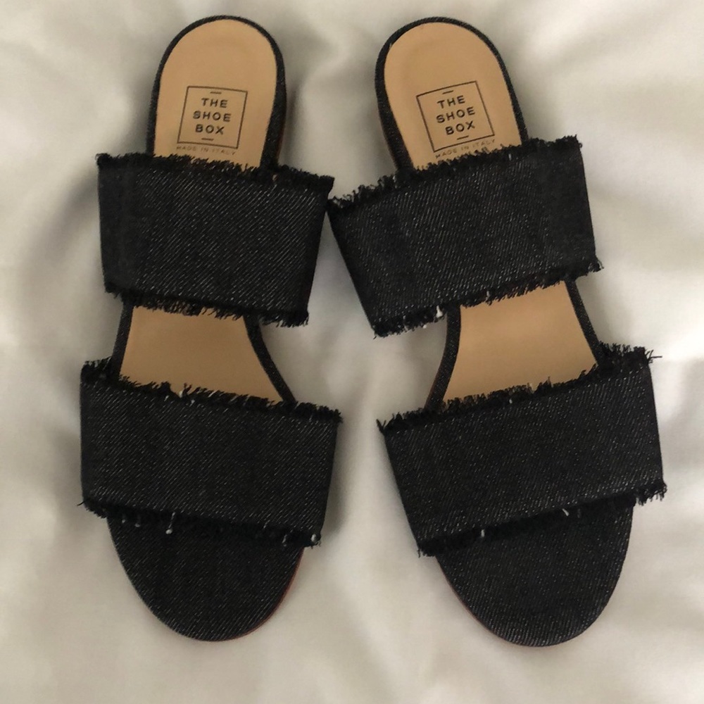 NYC The Shoe Box -Black Denim and Italian Leather Sandal Slides - Size 8.5 - NEW